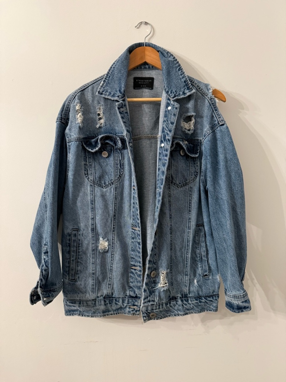Oversized Distressed Light Wash Denim Jacket - Streetwear Society
